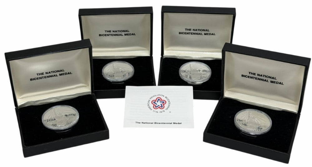 (4) 1976 U.S. Mint American Revolution Sterling Silver National Bicentennial Medals: (4) 1976 U.S. Mint American Revolution Sterling Silver National Bicentennial Medals. The Bicentennial Commemorative Medals are proof struck and comes in the original mint packaging with paperwork. Eac