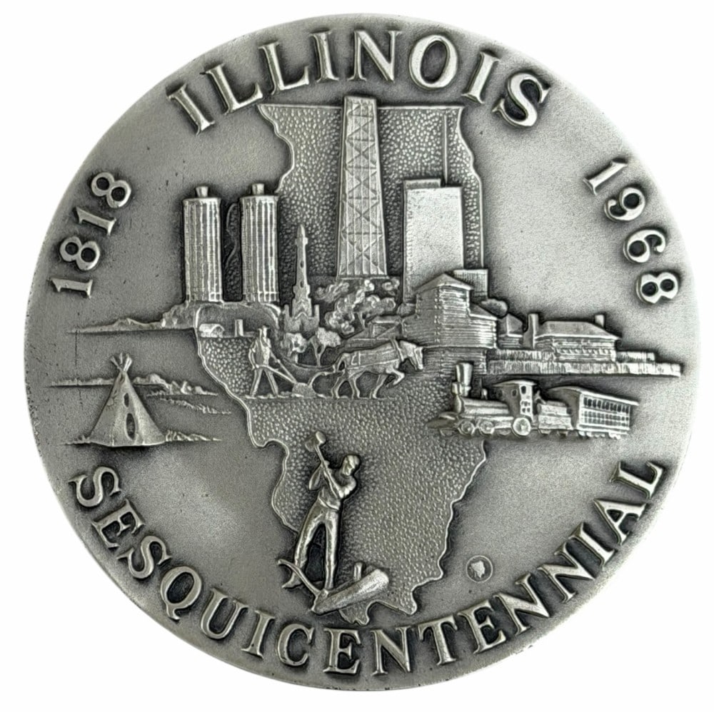 1968 Medallic Art Co. Illinois Sesquicentennial 4.5 Troy Ounce .999 Fine Silver Commemorative Medal: 1968 Medallic Art Co. Illinois Sesquicentennial Silver Commemorative Medal. The medal is in like new condition in the original box. It contains 4.5 troy ounces of .999 fine silver. Serial number 3879.