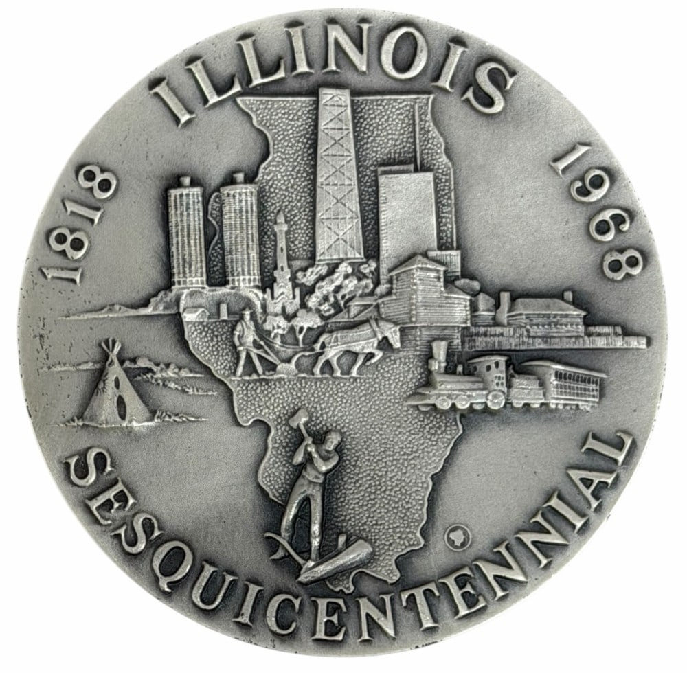 1968 Medallic Art Co. Illinois Sesquicentennial 4.5 Troy Ounce .999 Fine Silver Commemorative Medal: 1968 Medallic Art Co. Illinois Sesquicentennial Silver Commemorative Medal. The medal is in like new condition in the original box. It contains 4.5 troy ounces of .999 fine silver. Serial number 3880.