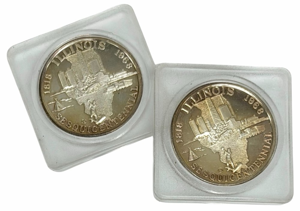 (2) 1968 State Industries Illinois Sesquicentennial Silver Commemorative Medals (1 of 4)