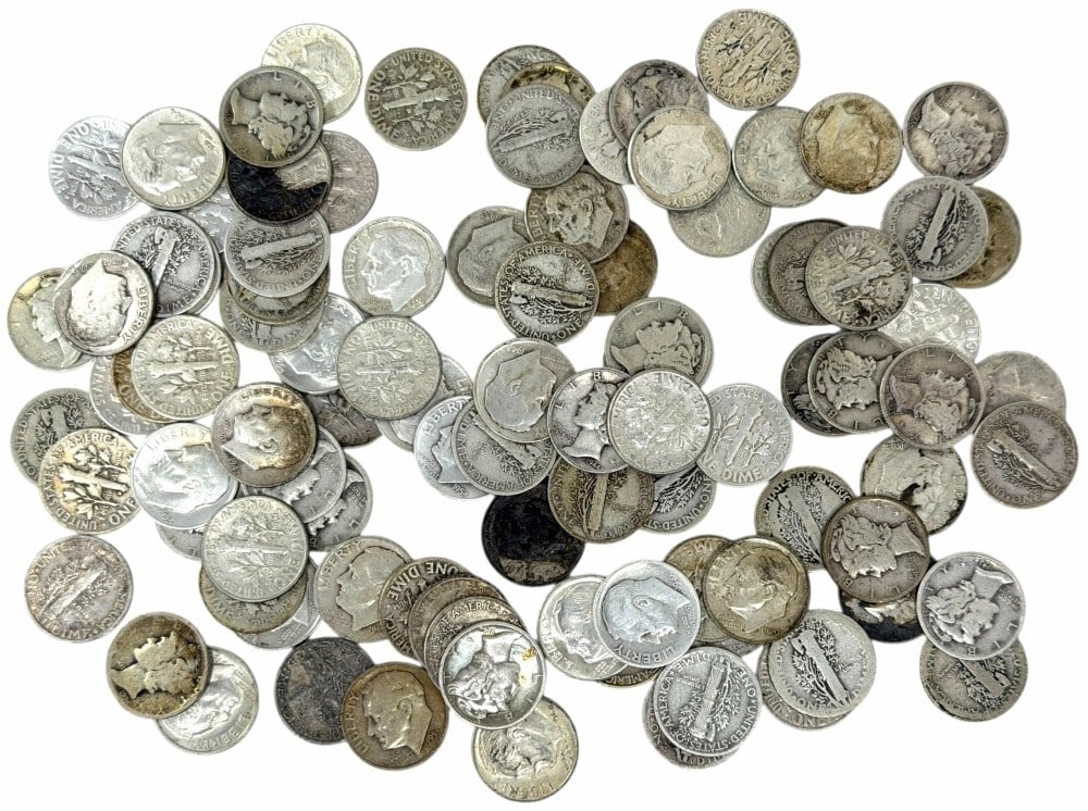 $10 Face Value Of Mixed Date 90% Silver Mercury & Roosevelt Dimes: $10 Face Value of Mixed Date 90% Silver Mercury & Roosevelt Dimes. 100 coins with mixed conditions, dates, and mint marks.