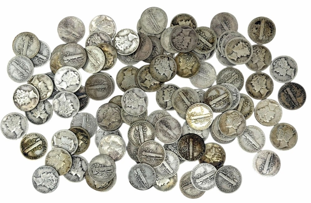 $10 Face Value Of Mixed Date 90% Silver Mercury Dimes: $10 Face Value of Mixed Date 90% Silver Mercury Dimes. 100 coins with mixed conditions, dates, and mint marks.