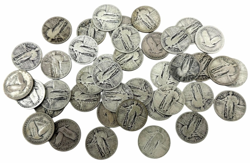 $10 Face Value Of Mixed Date 90% Silver Standing Liberty Quarters: $10 Face Value of Mixed Date 90% Silver Standing Liberty Quarters. Forty coins with mixed conditions, dates, and mint marks.