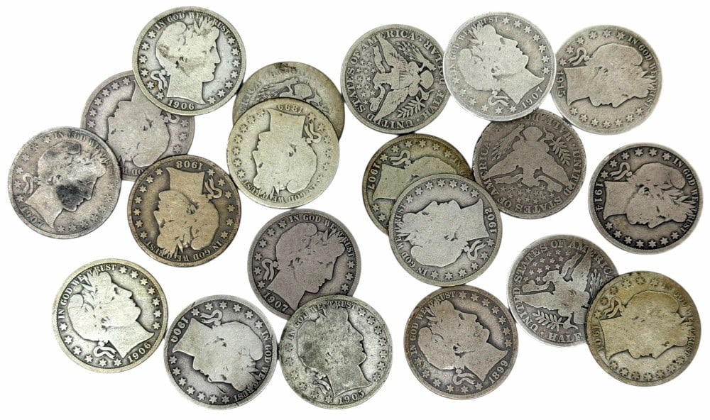 $10 Face Value Of Mixed Date 90% Silver Barber Half Dollars: $10 Face Value of Mixed Date 90% Silver Barber Half Dollars. Twenty coins with mixed conditions, dates, and mint marks.