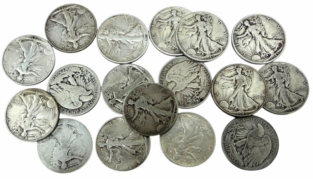 $8.50 Face Value Of Mixed Date 90% Silver Walking Liberty Half Dollars: $8.50 Face Value of Mixed Date 90% Silver Walking Liberty Half Dollars. Seventeen coins with mixed conditions, dates, and mint marks.