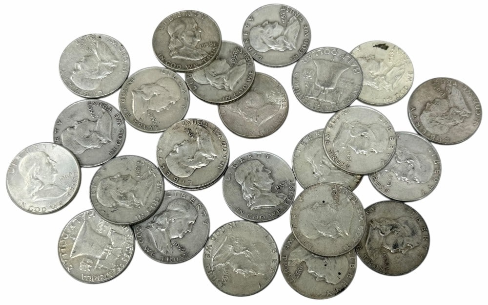 $12 Face Value Of Mixed Date 90% Silver Franklin Half Dollars: $12 Face Value of Mixed Date 90% Silver Franklin Half Dollars. Twenty-four coins with mixed conditions, dates, and mint marks.