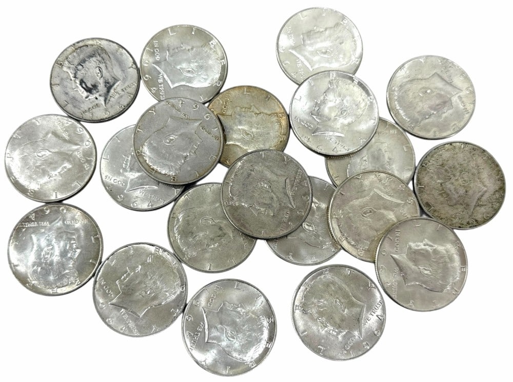 $10 Face Value Of 1964-D 90% Silver Kennedy Half Dollars: $10 Face Value of 1964-D 90% Silver Kennedy Half Dollars. Twenty coins with mixed conditions.