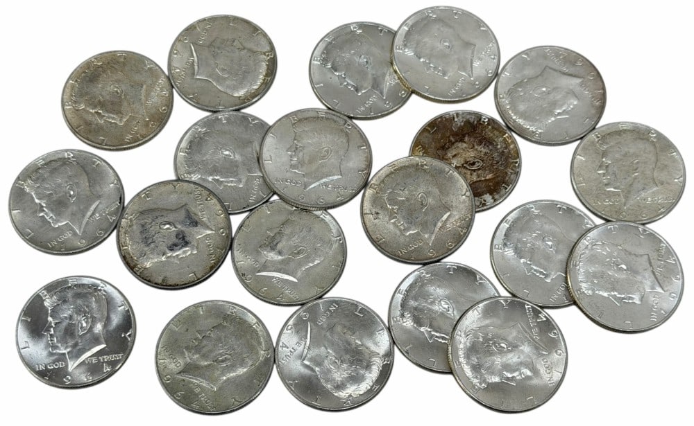$10 Face Value Of 1964-D 90% Silver Kennedy Half Dollars: $10 Face Value of 1964-D 90% Silver Kennedy Half Dollars. Twenty coins with mixed conditions.