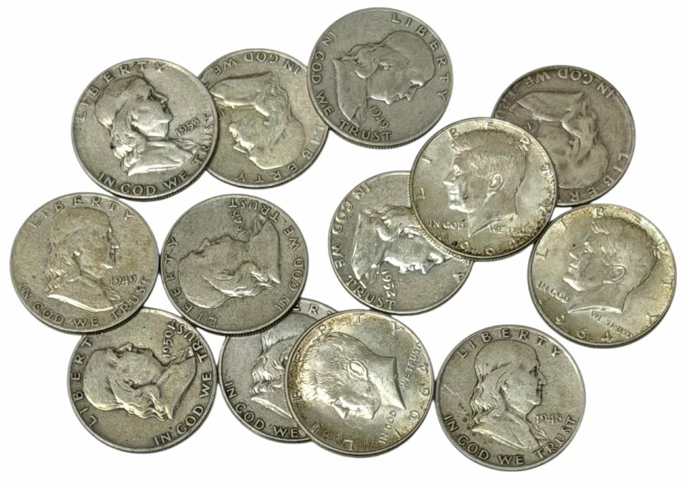 $6.50 Face Value Of Mixed Date 90% Silver Franklin & 1964 Kennedy Half Dollars: $6.50 Face Value of Mixed Date 90% Silver Franklin & 1964 Kennedy Half Dollars. Thirteen coins with mixed conditions, dates, and mint marks.
