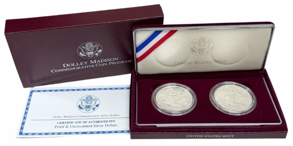 U.S. Mint 1999 Dolley Madison Commemorative Proof & Uncirculated Silver Dollar Set: U.S. Mint 1999 Dolley Madison Commemorative Proof & Uncirculated Silver Dollar Set. The coins are in new condition in the original box with paperwork. Each dollar is 90% silver and contains .7734 troy