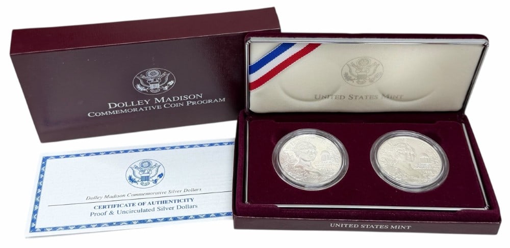 U.S. Mint 1999 Dolley Madison Commemorative Proof & Uncirculated Silver Dollar Set: U.S. Mint 1999 Dolley Madison Commemorative Proof & Uncirculated Silver Dollar Set. The coins are in new condition in the original box with paperwork. Each dollar is 90% silver and contains .7734 troy