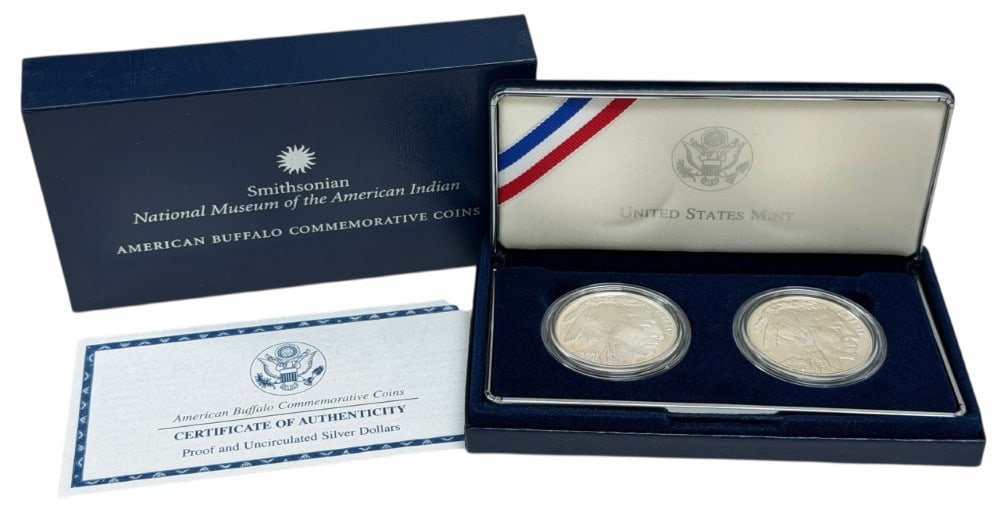 U.S. Mint 2001 American Buffalo Commemorative Proof & Uncirculated Silver Dollar 2-Coin Set: U.S. Mint 2001 American Buffalo Commemorative Proof & Uncirculated Silver Dollar 2-Coin Set. The coins are in new condition in the original box with paperwork. Each dollar is 90% silver and contains .