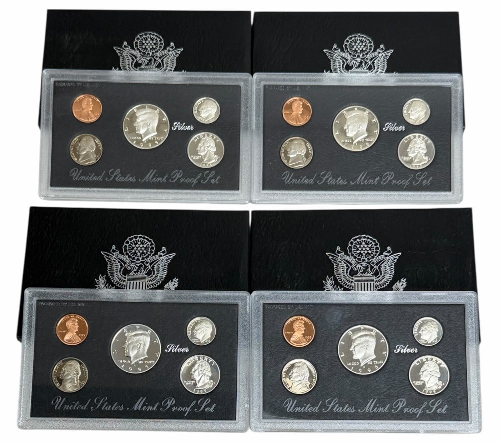 (4) 1995 United States Mint Silver Proof Sets: (4) 1995 U.S. Mint Silver Proof Sets. The sets are in new condition in the original boxes with paperwork. Each set contains 85 cents face value is 90% silver coin, total face value $3.40.