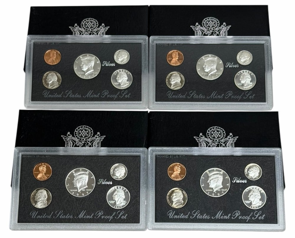 (4) 1997 United States Mint Silver Proof Sets: (4) 1997 U.S. Mint Silver Proof Sets. The sets are in new condition in the original boxes with paperwork. Each set contains 85 cents face value is 90% silver coin, total face value $3.40.