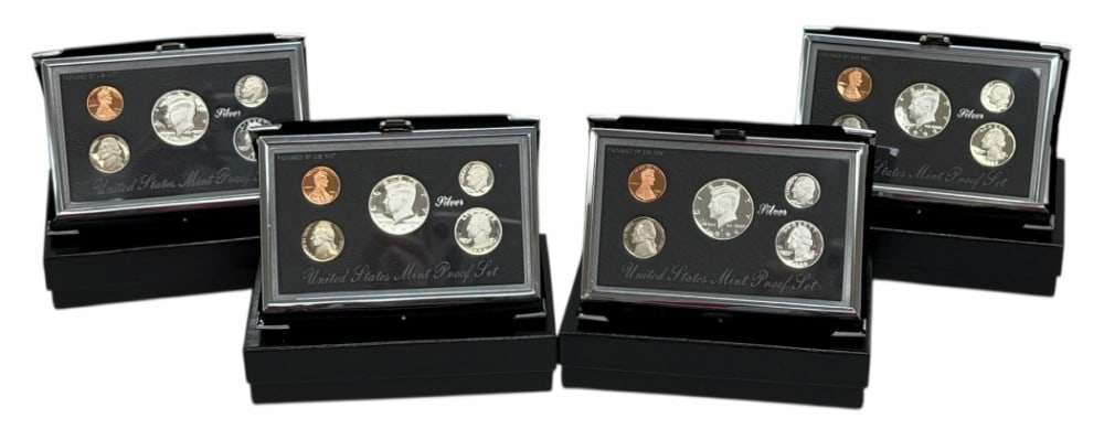 United States Mint 1992-1993-1994-1996 Premier Silver Proof Sets: U.S. Mint 1992-1993-1994 & 1996 Premier Silver Proof Sets. The sets are in new condition in the original boxes with paperwork. Each set contains 85 cents face value is 90% silver coin, total face valu