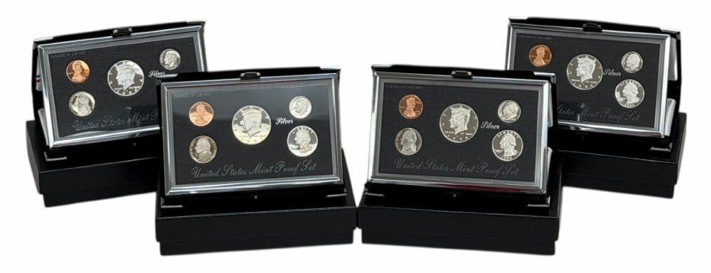 United States Mint 1993-1994-1996-1998 Premier Silver Proof Sets: U.S. Mint 1993-1994-1996 & 1998 Premier Silver Proof Sets. The sets are in new condition in the original boxes with paperwork. Each set contains 85 cents face value is 90% silver coin, total face valu
