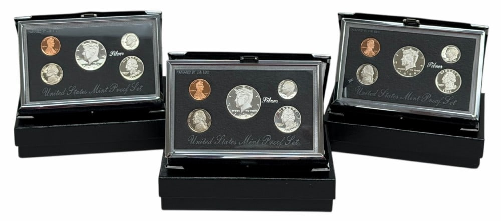 United States Mint 1995-1996-1996 Premier Silver Proof Sets: U.S. Mint 1995, 1996 & 1998 Premier Silver Proof Sets. The sets are in new condition in the original boxes with paperwork. Each set contains 85 cents face value is 90% silver coin, total face value $2