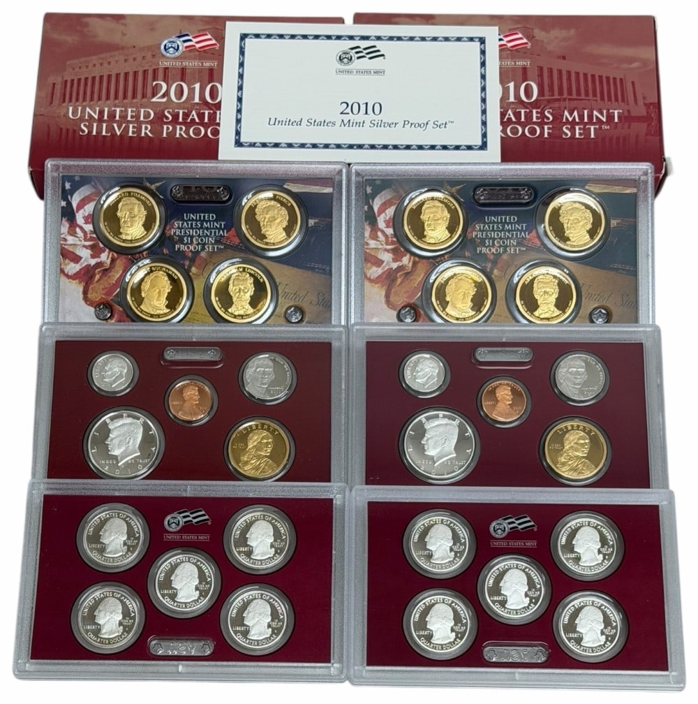 (2) 2010 United States Mint Silver Proof Sets: (2) 2010 U.S. Mint Silver Proof Sets. The sets are in new condition in the original boxes with paperwork. Each set contains $1.85 face value is 90% silver coin, total face value $3.70. Total silver we