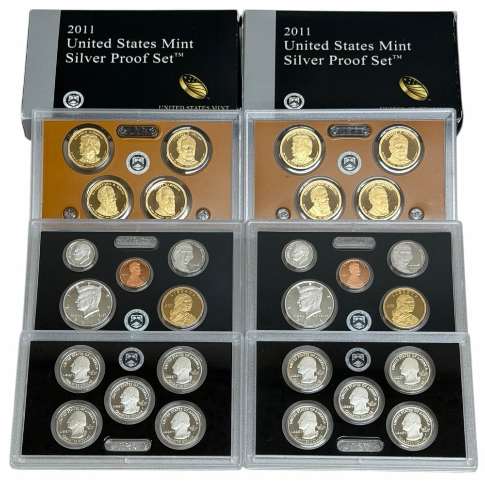 (2) 2011 United States Mint Silver Proof Sets: (2) 2011 U.S. Mint Silver Proof Sets. The sets are in new condition in the original boxes with paperwork. Each set contains $1.85 face value is 90% silver coin, total face value $3.70. Total silver we