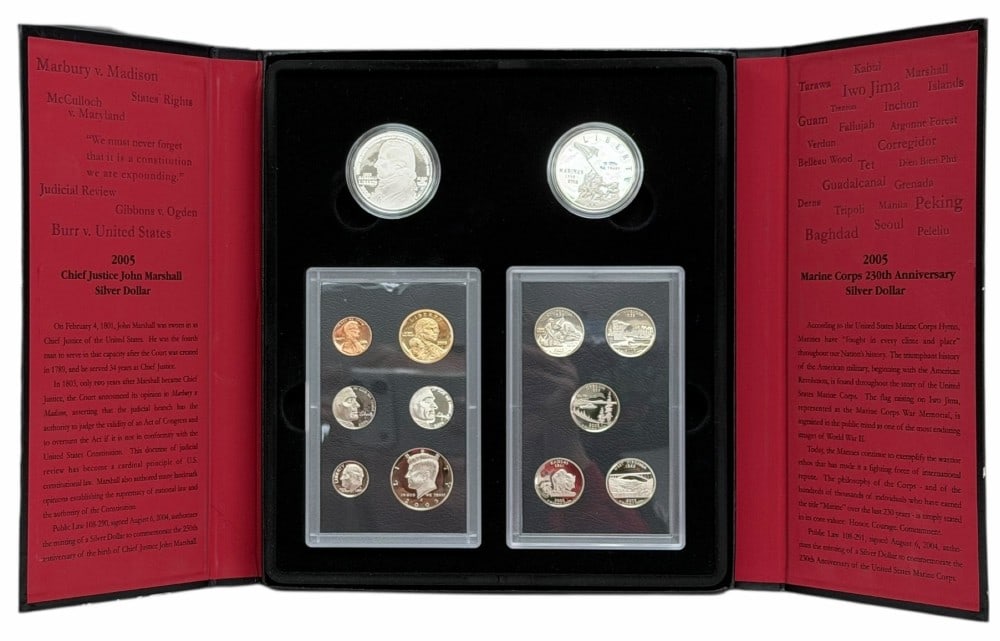 2005 United States Mint American Legacy Collection: 2005 U.S. Mint American Legacy Collection. The set is in new condition in the original mint packaging with the COA. The set contains the 2005-P 90% silver Marine Corps Commemorative Dollar, the 2005-P