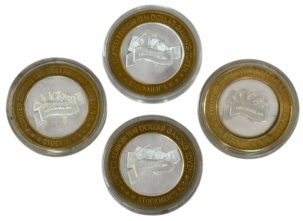 Lot Of Four $10.00 Stockmen's Silver Casino Tokens (1 of 2)