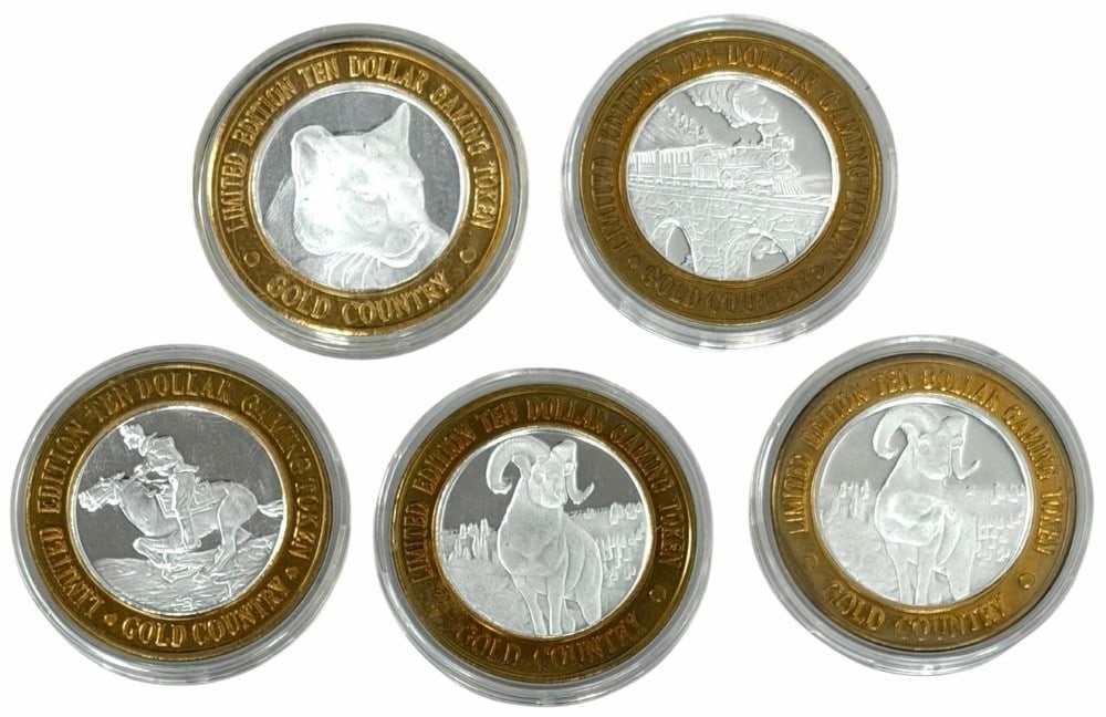 Lot Of Five $10.00 Gold Country Silver Casino Tokens: Lot of five Gold Country Casino Elko, Nevada $10 Silver Gaming Tokens. The center of each token contains .60 troy ounce of .999 fine silver surrounded by a solid brass band. Total silver weight is 3.0