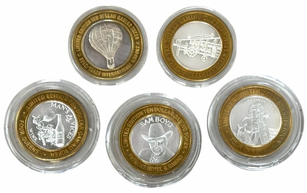 Lot Of Five $10.00 Mixed Silver Casino Tokens (1 of 2)