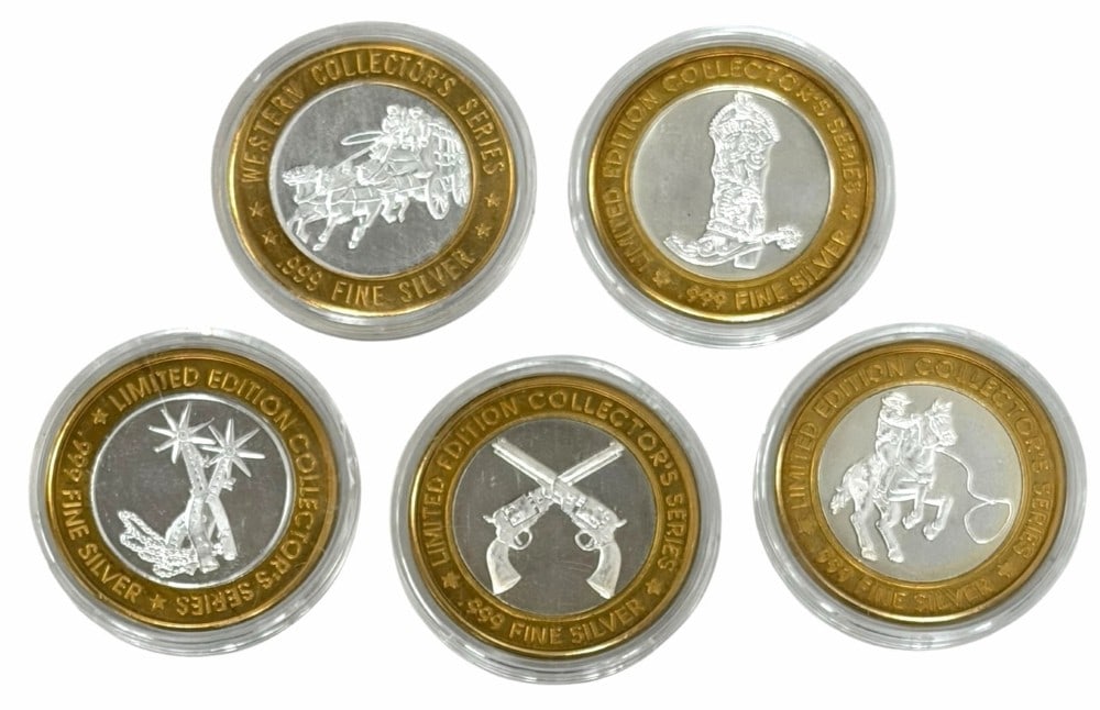 Lot Of Five $10.00 Boomtown Silver Casino Tokens: Lot of five Boomtown Casino Biloxi, Mississippi $10 Silver Gaming Tokens. The center of each token contains .60 troy ounce of .999 fine silver surrounded by a solid brass band. Total silver weight is