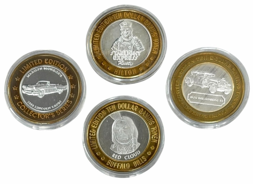 Lot Of Four $10.00 Mixed Silver Casino Tokens: Lot of four mixed $10 Silver Gaming Tokens. The center of each token contains .60 troy ounce of .999 fine silver surrounded by a solid brass band. Total silver weight is 2.4 troy ounce of pure silver.