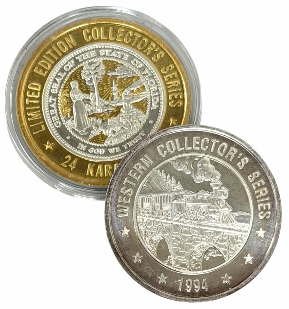 (2) Grand Casino .999 Fine Silver Collector's Series Rounds: (2) Grand Casino .999 Fine Silver Collector's Series Rounds. The rounds feature the Florida State Seal and a Locomotive. Total silver weight 2.865 troy ounces of .999 fine silver.