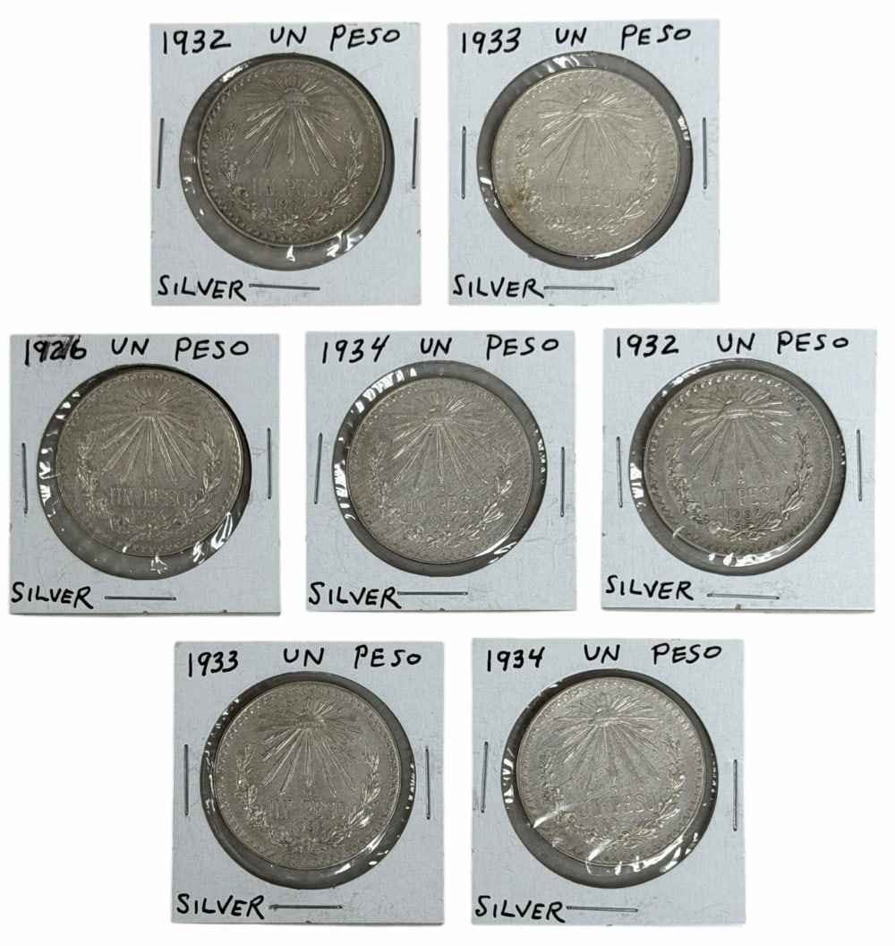 (7) 1926-1934 Estados Unidos Mexico One Peso Silver Coins (1 of 2)