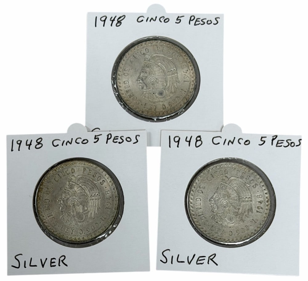 (3) 1948 Estados Unidos Mexico Five Peso 90% Silver Coins: (3) 1948 Estados Unidos Mexico Five Peso Silver Coins. The coins are in average to above average circulated condition. Each coin contains .8681 troy ounce of pure silver, total silver weight 2.6043 tr