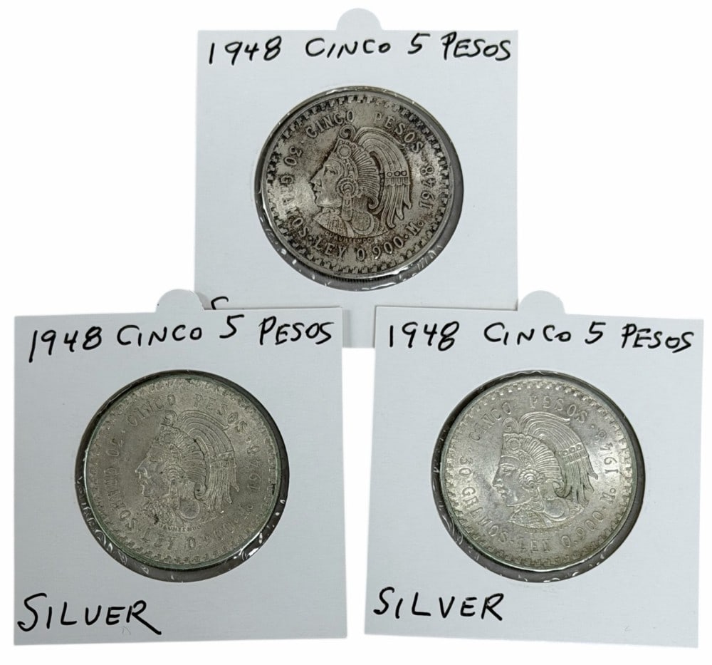 (3) 1948 Estados Unidos Mexico Five Peso 90% Silver Coins: (3) 1948 Estados Unidos Mexico Five Peso Silver Coins. The coins are in average to above average circulated condition. Each coin contains .8681 troy ounce of pure silver, total silver weight 2.6043 tr