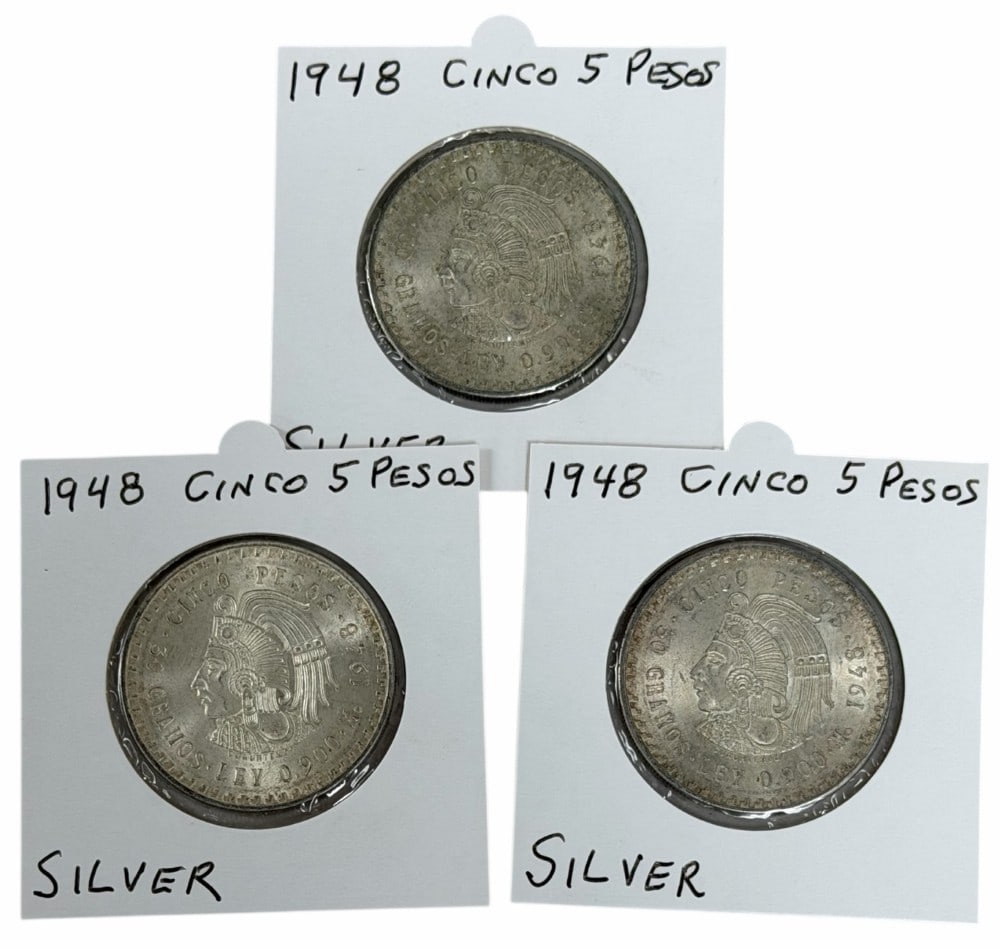 (3) 1948 Estados Unidos Mexico Five Peso 90% Silver Coins: (3) 1948 Estados Unidos Mexico Five Peso Silver Coins. The coins are in average to above average circulated condition. Each coin contains .8681 troy ounce of pure silver, total silver weight 2.6043 tr