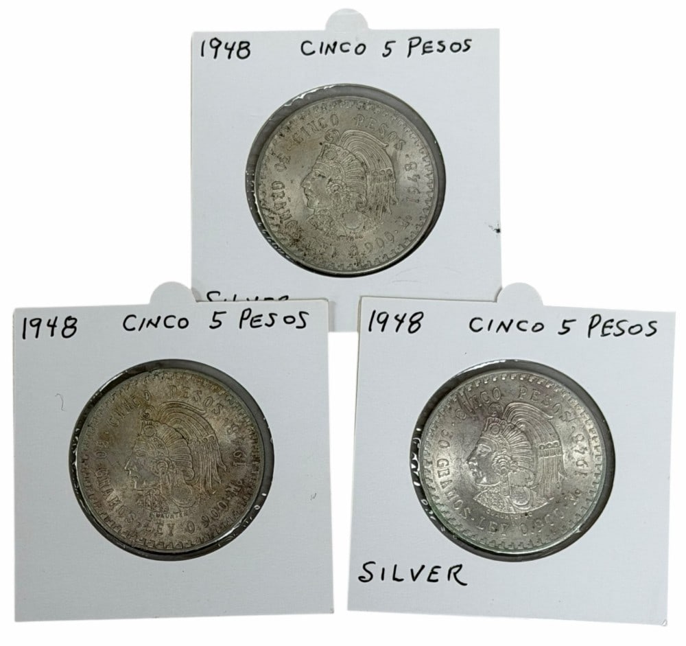 (3) 1948 Estados Unidos Mexico Five Peso 90% Silver Coins: (3) 1948 Estados Unidos Mexico Five Peso Silver Coins. The coins are in average to above average circulated condition. Each coin contains .8681 troy ounce of pure silver, total silver weight 2.6043 tr
