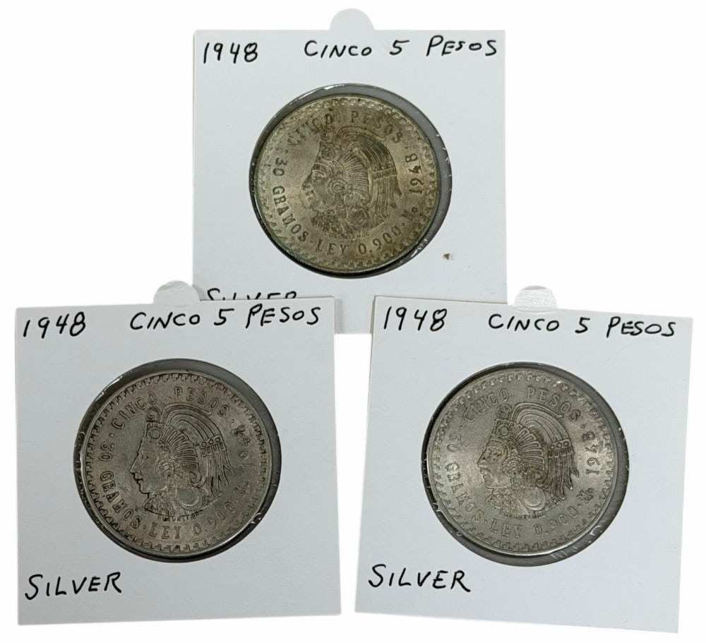 (3) 1948 Estados Unidos Mexico Five Peso 90% Silver Coins (1 of 4)