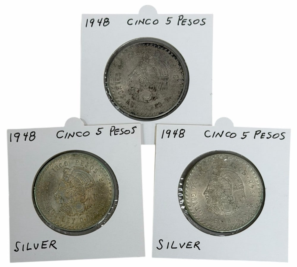 (3) 1948 Estados Unidos Mexico Five Peso 90% Silver Coins: (3) 1948 Estados Unidos Mexico Five Peso Silver Coins. The coins are in average to above average circulated condition. Each coin contains .8681 troy ounce of pure silver, total silver weight 2.6043 tr