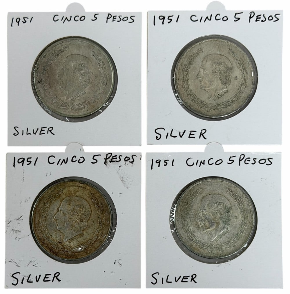 (4) 1951 Estados Unidos Mexico Five Peso 72% Silver Coins: (4) 1951 Estados Unidos Mexico Five Peso Silver Coins. The coins are in average circulated condition. Each coin contains .6431 troy ounce of pure silver, total silver weight 2.5724 troy ounces.