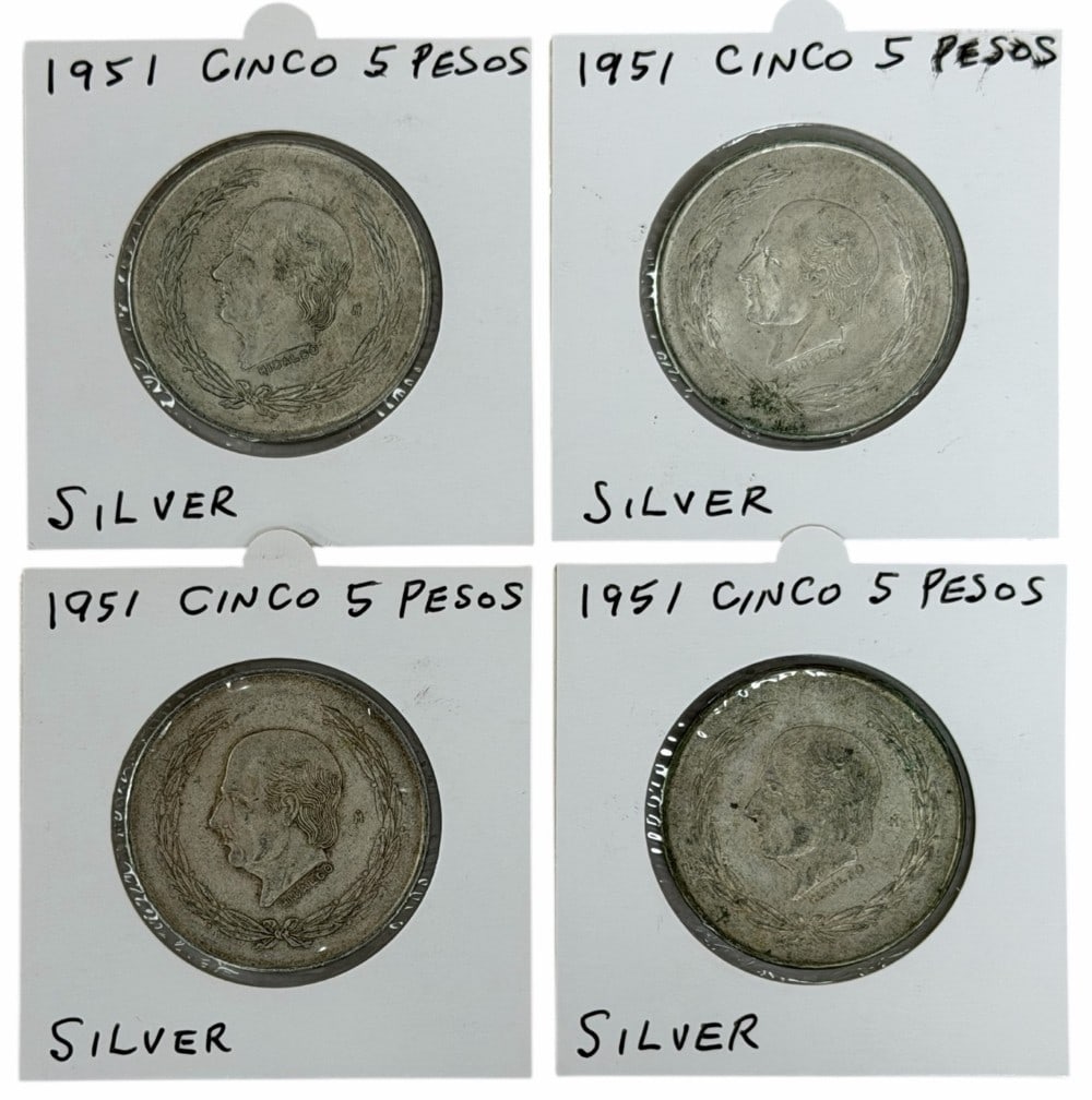 (4) 1951 Estados Unidos Mexico Five Peso 72% Silver Coins: (4) 1951 Estados Unidos Mexico Five Peso Silver Coins. The coins are in average circulated condition. Each coin contains .6431 troy ounce of pure silver, total silver weight 2.5724 troy ounces.