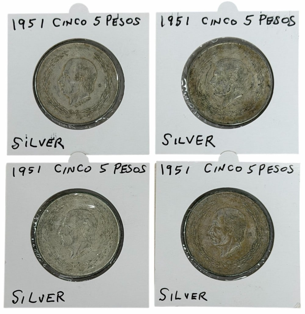 (4) 1951 Estados Unidos Mexico Five Peso 72% Silver Coins: (4) 1951 Estados Unidos Mexico Five Peso Silver Coins. The coins are in average circulated condition. Each coin contains .6431 troy ounce of pure silver, total silver weight 2.5724 troy ounces.