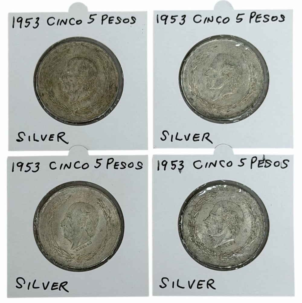 (4) 1953 Estados Unidos Mexico Five Peso 72% Silver Coins: (4) 1953 Estados Unidos Mexico Five Peso Silver Coins. The coins are in average circulated condition. Each coin contains .6431 troy ounce of pure silver, total silver weight 2.5724 troy ounces.