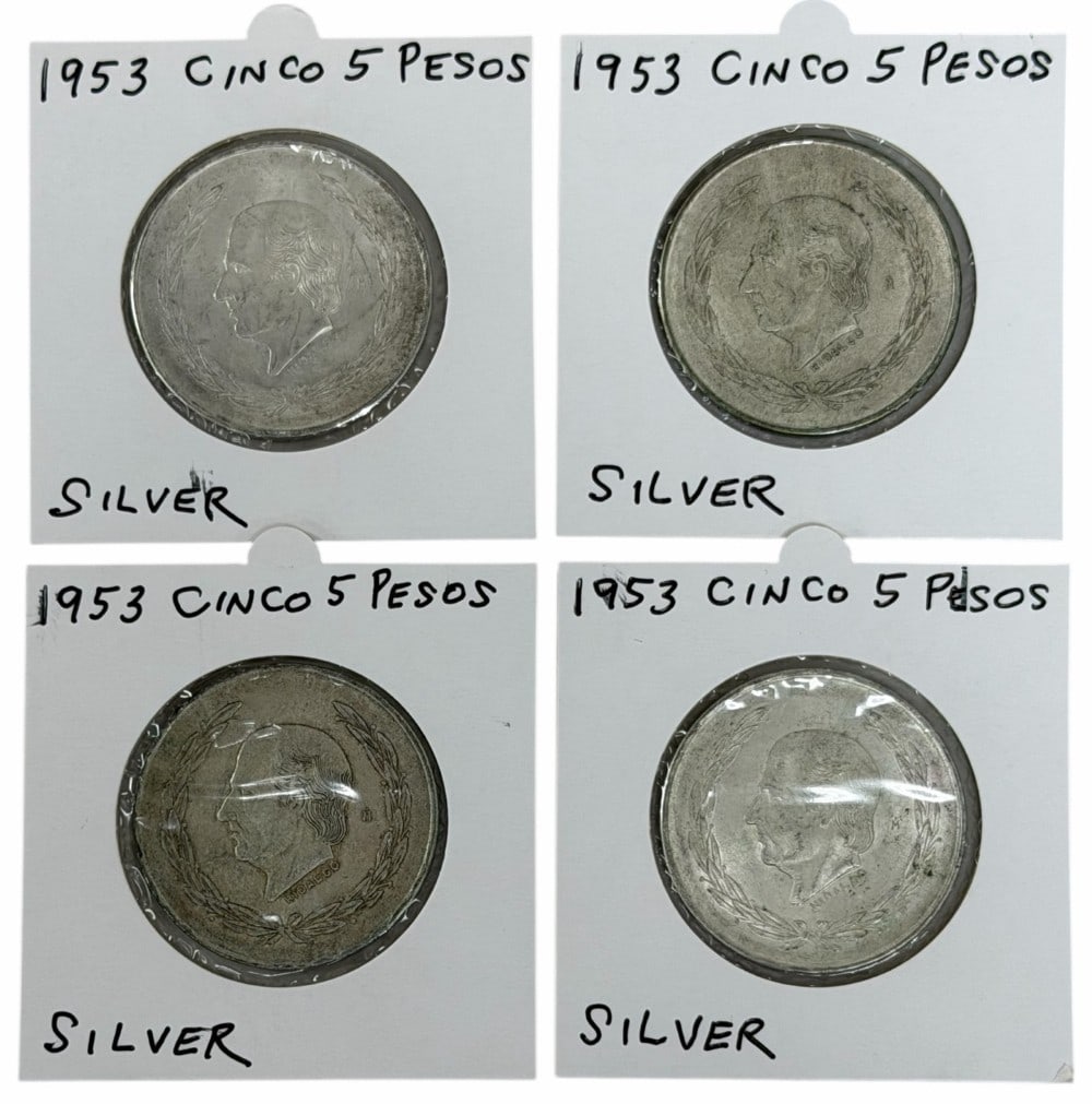 (4) 1953 Estados Unidos Mexico Five Peso 72% Silver Coins: (4) 1953 Estados Unidos Mexico Five Peso Silver Coins. The coins are in average circulated condition. Each coin contains .6431 troy ounce of pure silver, total silver weight 2.5724 troy ounces.
