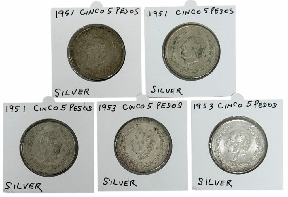 (5) 1951 & 1953 Estados Unidos Mexico Five Peso 72% Silver Coins: (5) 1951 & 1953 Estados Unidos Mexico Five Peso Silver Coins. (3) 1951 & (2) 1953. The coins are in average circulated condition. Each coin contains .6431 troy ounce of pure silver, total silver weigh