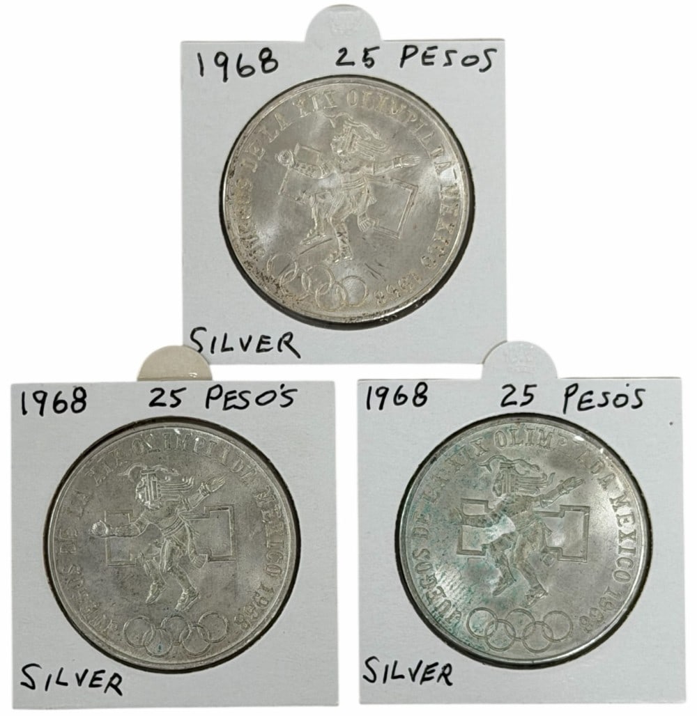 (3) 1968 Estados Unidos Mexico 25 Peso 72% Silver Coins: (3) 1968 Estados Unidos Mexico 25 Peso Silver Coins. The coins are in AU-BU condition. Each coin contains .5208 troy ounce of pure silver, total silver weight 1.5624 troy ounces.