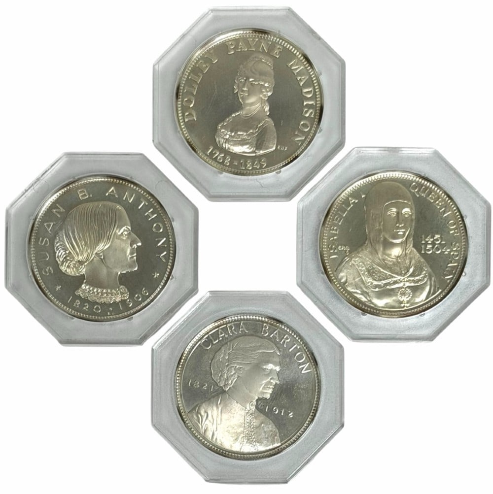 (4) 1967 Franklin Mint Society For The Commemoration Of Famous Women Sterling Silver Medals: (4) 1967 Franklin Mint Society For The Commemoration Of Famous Women Sterling Silver Medals. The lot includes Susan B. Anthony, Isabella Queen Of Spain, Dolley Payne Madison, & Clara Barton. Medals ar