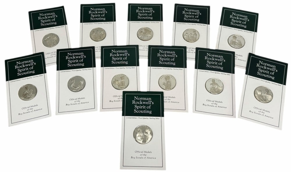12 Piece Franklin Mint Norman Rockwell's Spirit Of Scouting Sterling Silver Medal Set: 12 Piece Franklin Mint Norman Rockwell's Spirit Of Scouting Sterling Silver Medal Set. Medals are on the original cards. Each medal has approximately .74 troy ounce of pure silver, total weight 8.8 tr