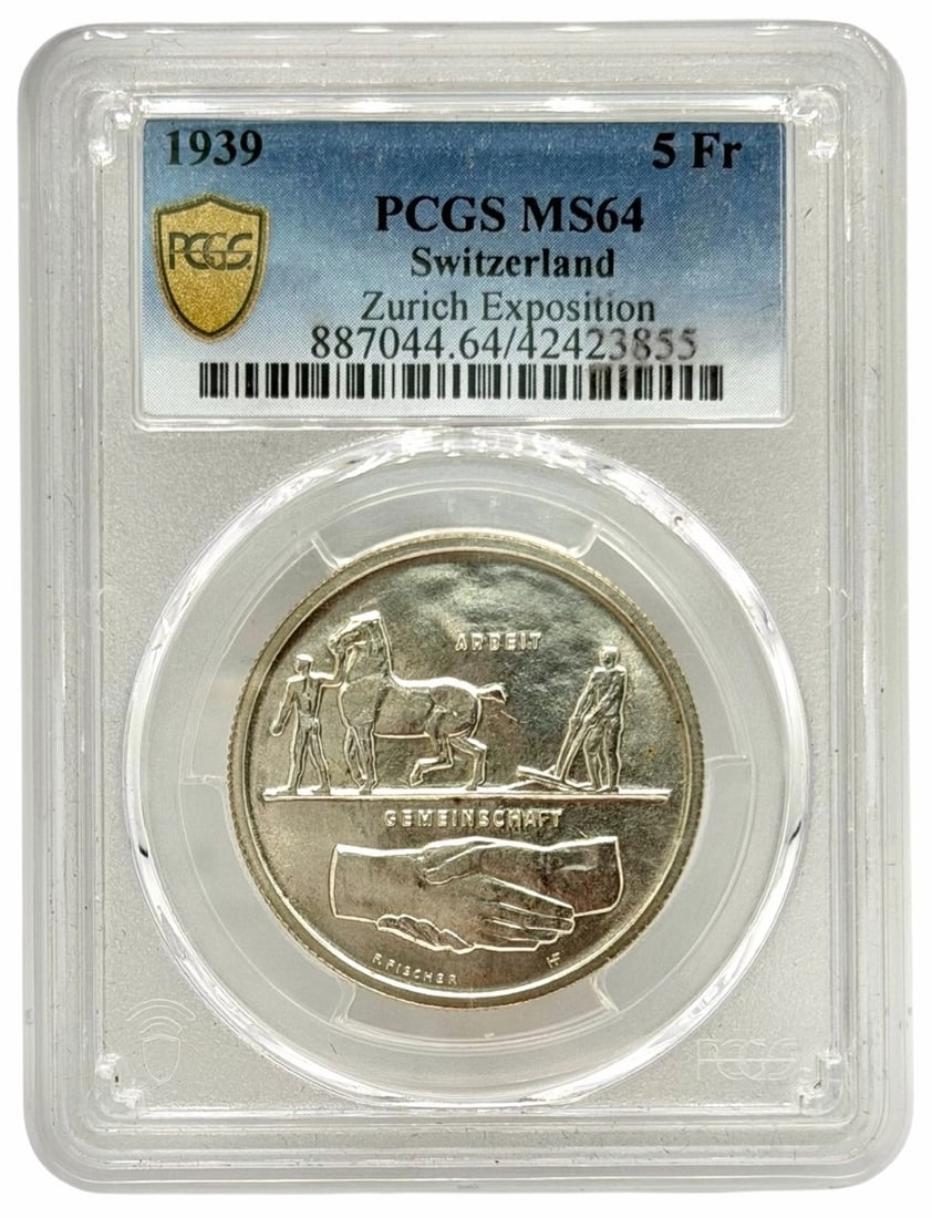 1939 Switzerland Zurich Exposition 5 Francs Silver Coin PCGS MS 64: 1939 Switzerland Zurich Exposition 5 Francs Silver Coin graded MS 64 by PCGS.