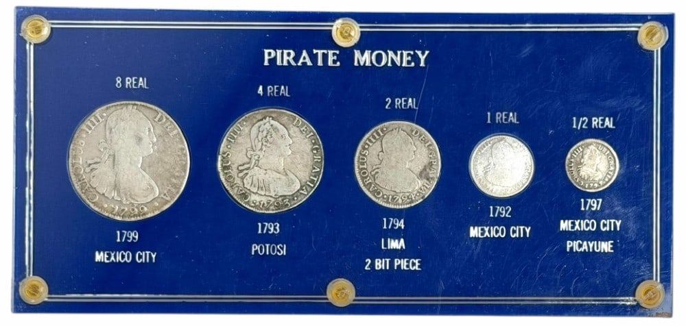1700's 5 Piece "Pirate Money" 1/2 Real Through 8 Real Silver Coin Set: 1700's 5 Piece "Pirate Money" 1/2 Real Through 8 Real Silver Coin Set. The set includes a 1797 Mexico City Picayune 1/2 Real, a 1792 Mexico City 1 Real, a 1794 Lima 2 Bit Piece 2 Real, a 1793 Potosi B