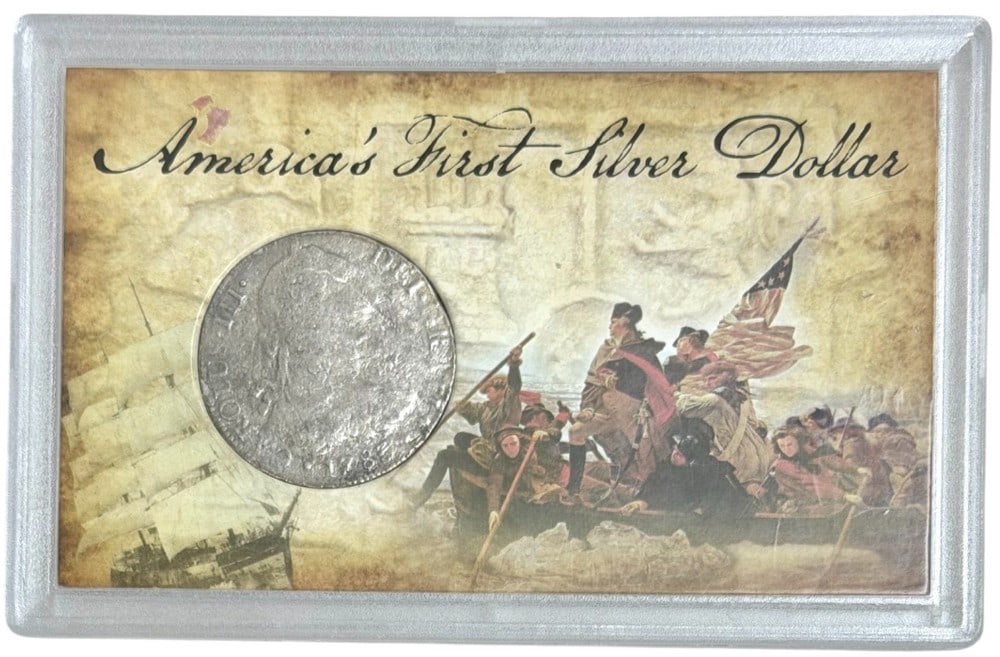 1783 FF "America's First Silver Dollar" 8 Reales Silver Spanish Colony Coin: 1783 FF "America's First Silver Dollar" 8 Reales Silver Spanish Colony Coin. The coin is in fair condition in a plastic holder. The coin contains .7858 troy ounces of pure silver.