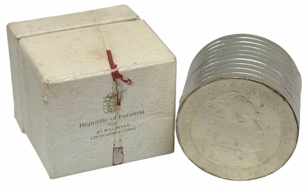 Ten Uncirculated 1973 Panama Twenty Balboas Silver Coins 38.539 Ounces Of Silver: Lot Of Ten Uncirculated 1973 Panama Twenty Balboas Silver Coins. The coins are .925 fine and contain 3.8539 troy ounces of pure silver each, the total silver weight of the ten coins is 38.539 troy oun